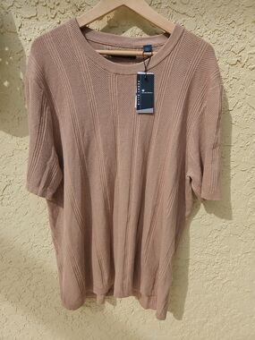 Perry Ellis 100% Cotton Rib Knit Short Sleeve Sweater - Taupe Beige